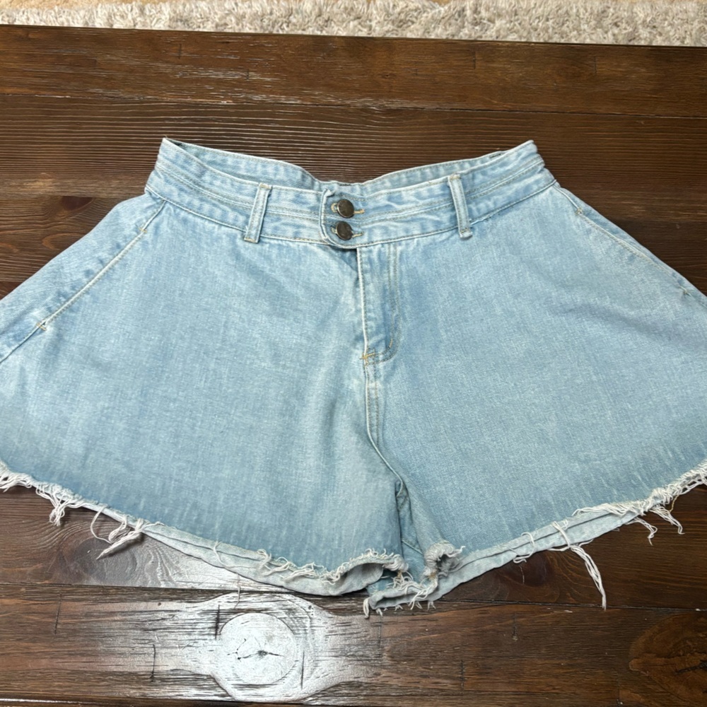 BLUE DENIM MINI HIGH RISE FLARED WIDE LEG FRAYED RAW HEM SHORTS SIZE XL - Picture 2 of 9